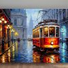 Historische Straßenbahn im Regen, Druck auf Leinwand,