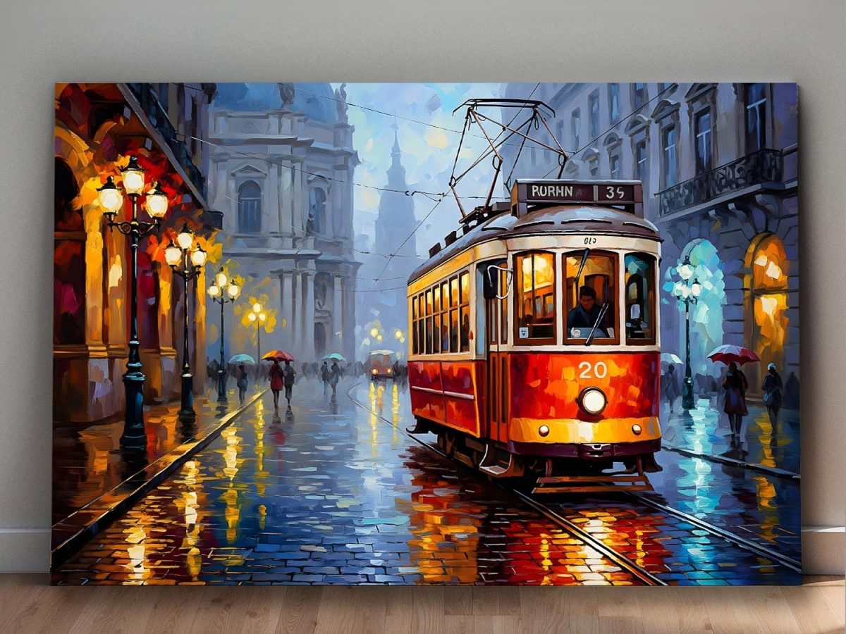 Historische Straßenbahn im Regen, Druck auf Leinwand,