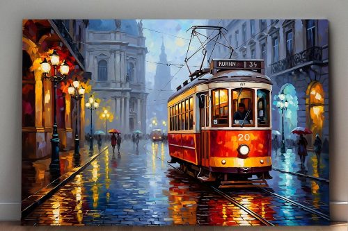 Historische Straßenbahn im Regen, Druck auf Leinwand,