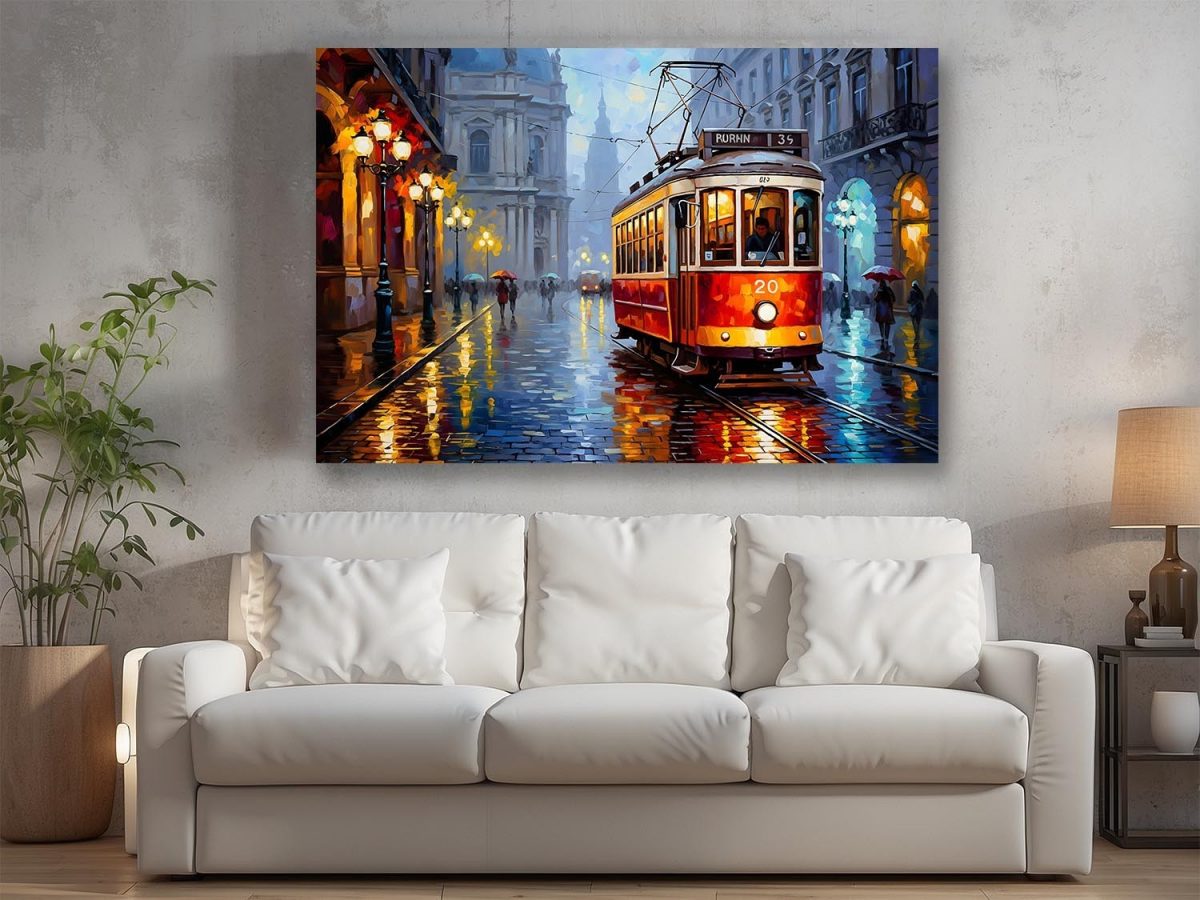 Historische Straßenbahn im Regen, Druck auf Leinwand,