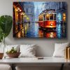 Historische Straßenbahn im Regen, Druck auf Leinwand,