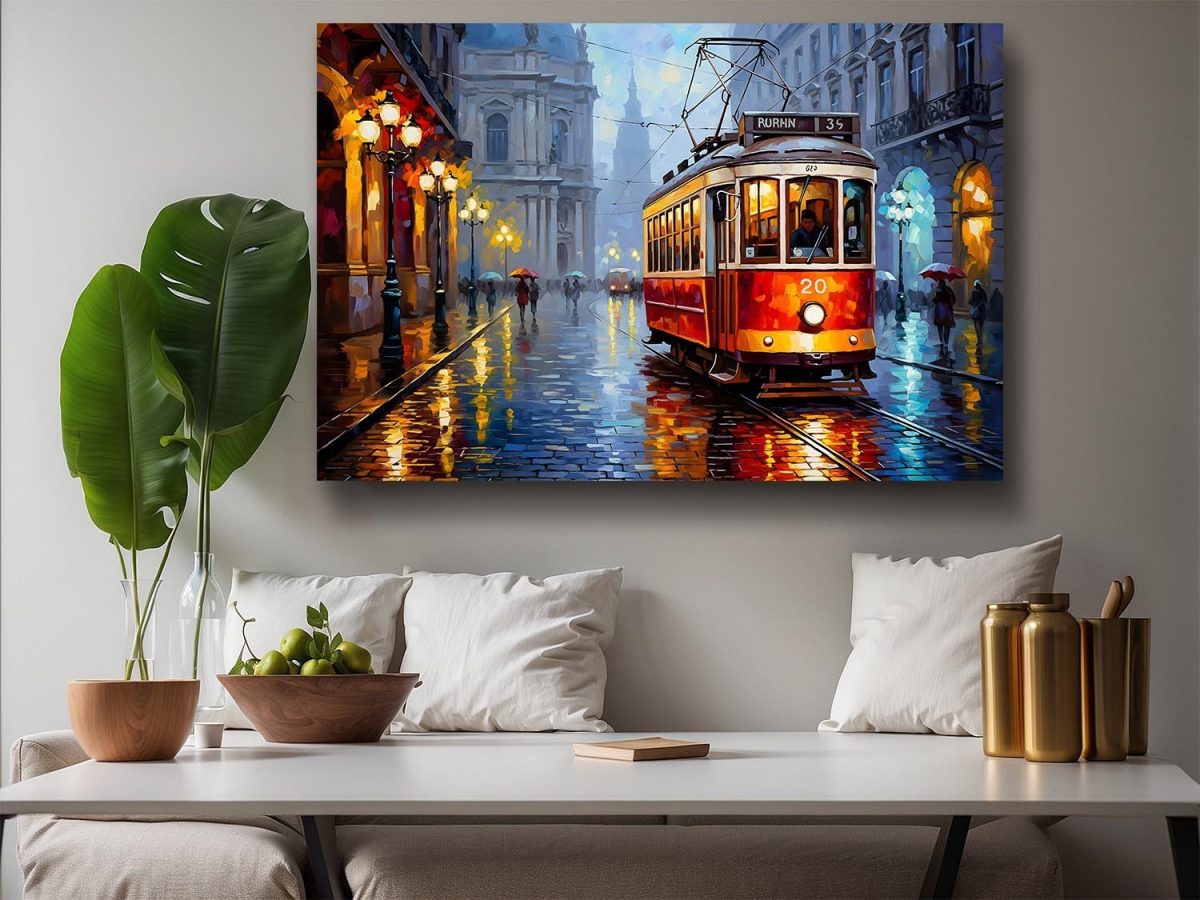 Historische Straßenbahn im Regen, Druck auf Leinwand,