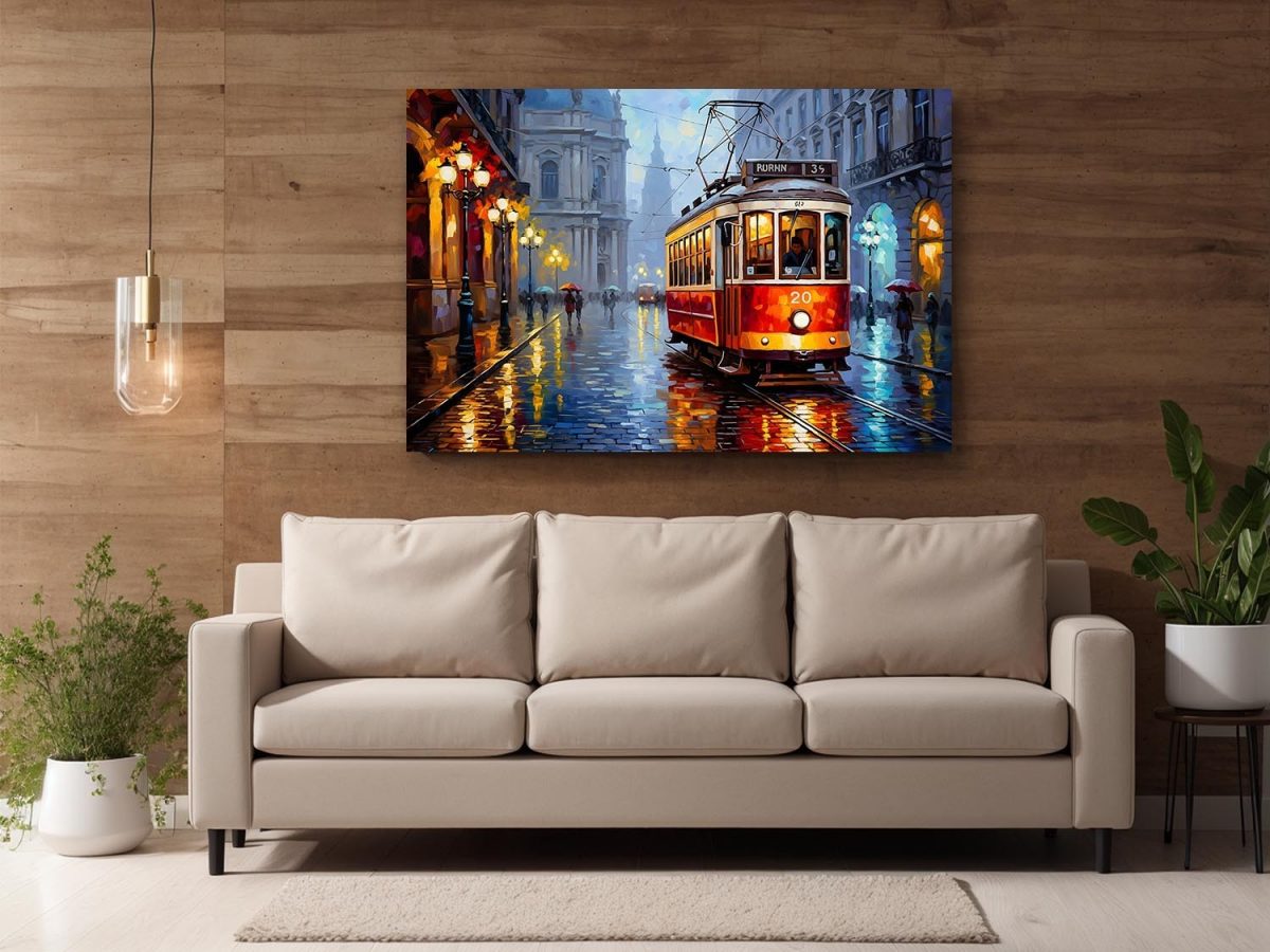 Historische Straßenbahn im Regen, Druck auf Leinwand,