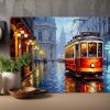 Historische Straßenbahn im Regen, Druck auf Leinwand,