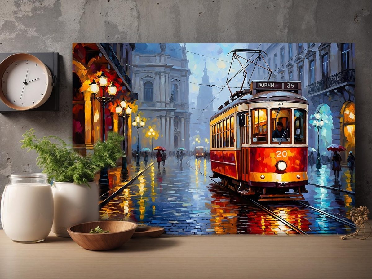 Historische Straßenbahn im Regen, Druck auf Leinwand,