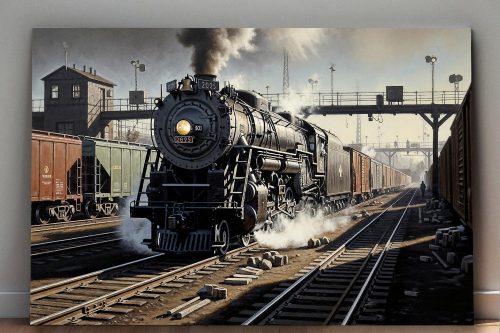 57-738.jpg Dampflokomotive im Bahnhof , Druck auf Leinwand