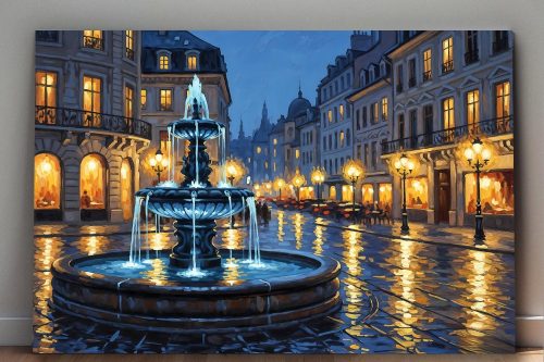 57-743.jpg Abendlicher Stadtplatz mit Brunnen , Druck auf Leinwand