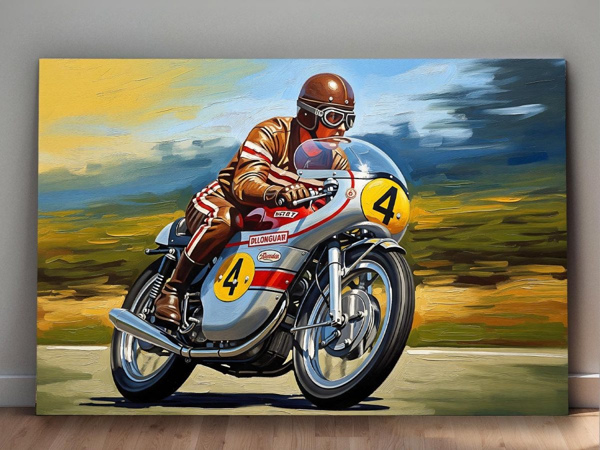 Klassischer Motorrad-Rennfahrer - Druck auf Leinwand
