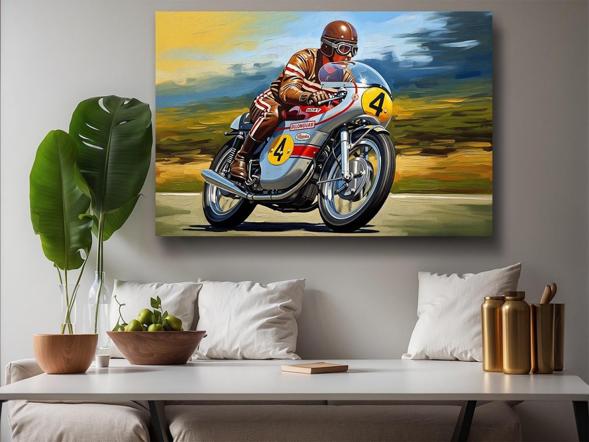 Klassischer Motorrad-Rennfahrer - Druck auf Leinwand