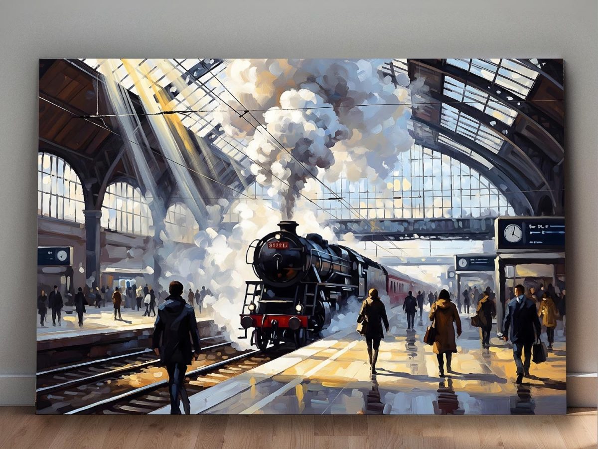 Bahnhofsszene mit Dampflok, Druck auf Leinwand