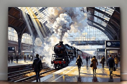57-758.jpg Bahnhofsszene mit Dampflok, Druck auf Leinwand