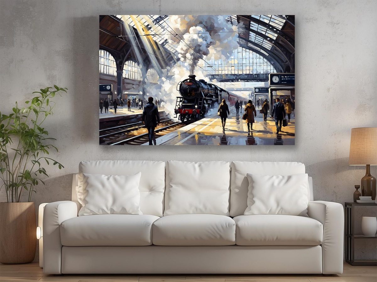Bahnhofsszene mit Dampflok, Druck auf Leinwand