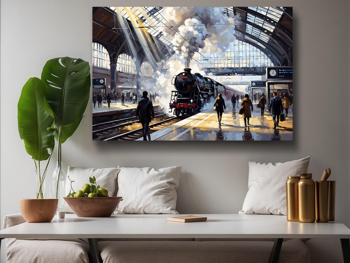 Bahnhofsszene mit Dampflok, Druck auf Leinwand