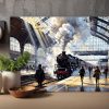 Bahnhofsszene mit Dampflok, Druck auf Leinwand