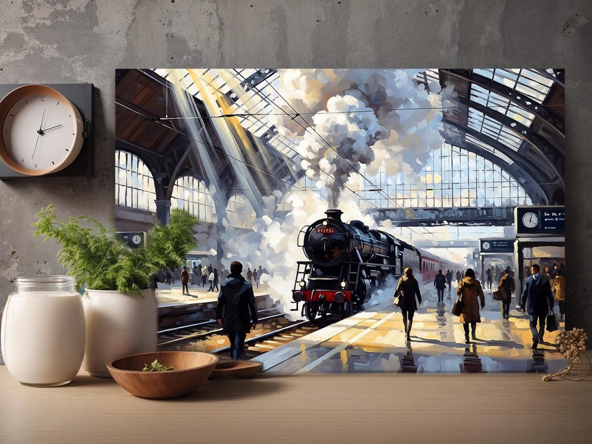 Bahnhofsszene mit Dampflok, Druck auf Leinwand