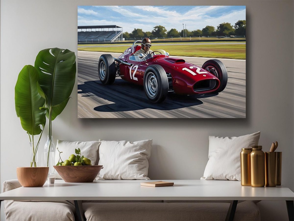 Titel: Historischer Rennwagen auf der Strecke, Druck auf Leinwand