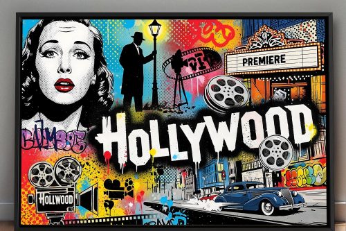 57-788.jpg Pop-Art Druck auf Leinwand „Hollywood“ im Schattenfugenrahmen