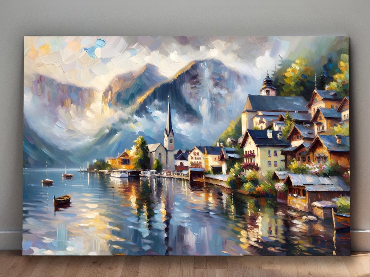 57-793.jpg Alpendorf am See mit Bergpanorama - Druck auf Leinwand