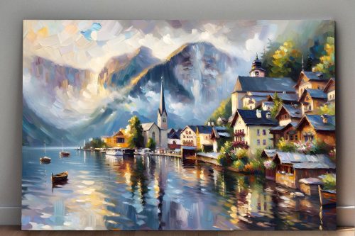 57-793.jpg Alpendorf am See mit Bergpanorama - Druck auf Leinwand