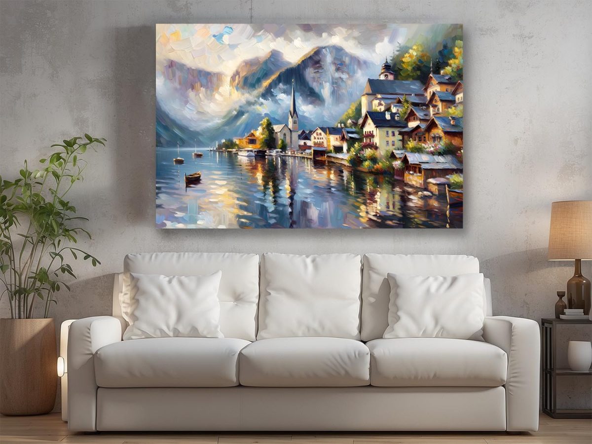 57-794.jpg Alpendorf am See mit Bergpanorama - Druck auf Leinwand