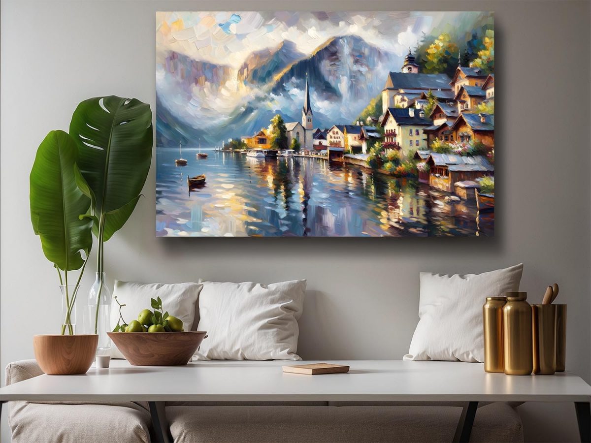 57-795.jpg Alpendorf am See mit Bergpanorama - Druck auf Leinwand