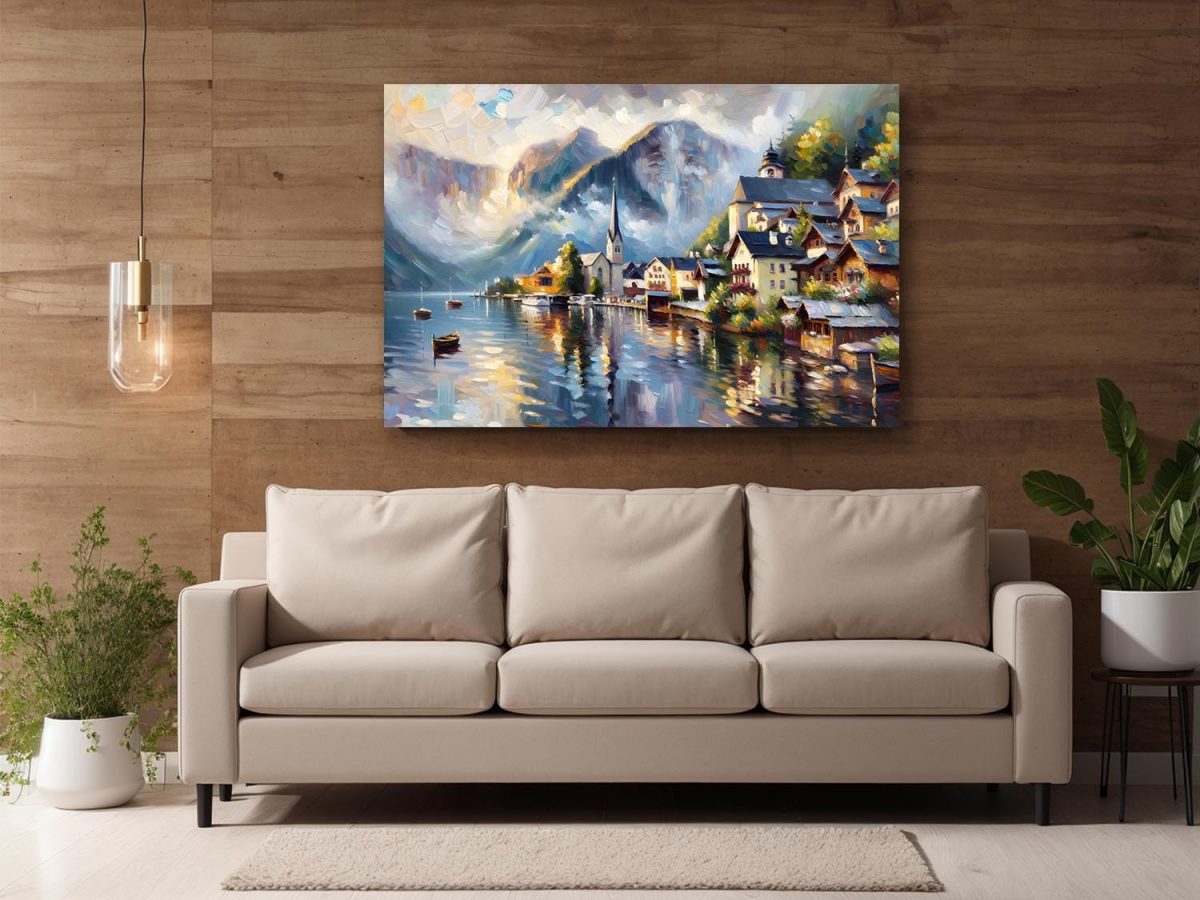 57-796.jpg Alpendorf am See mit Bergpanorama - Druck auf Leinwand