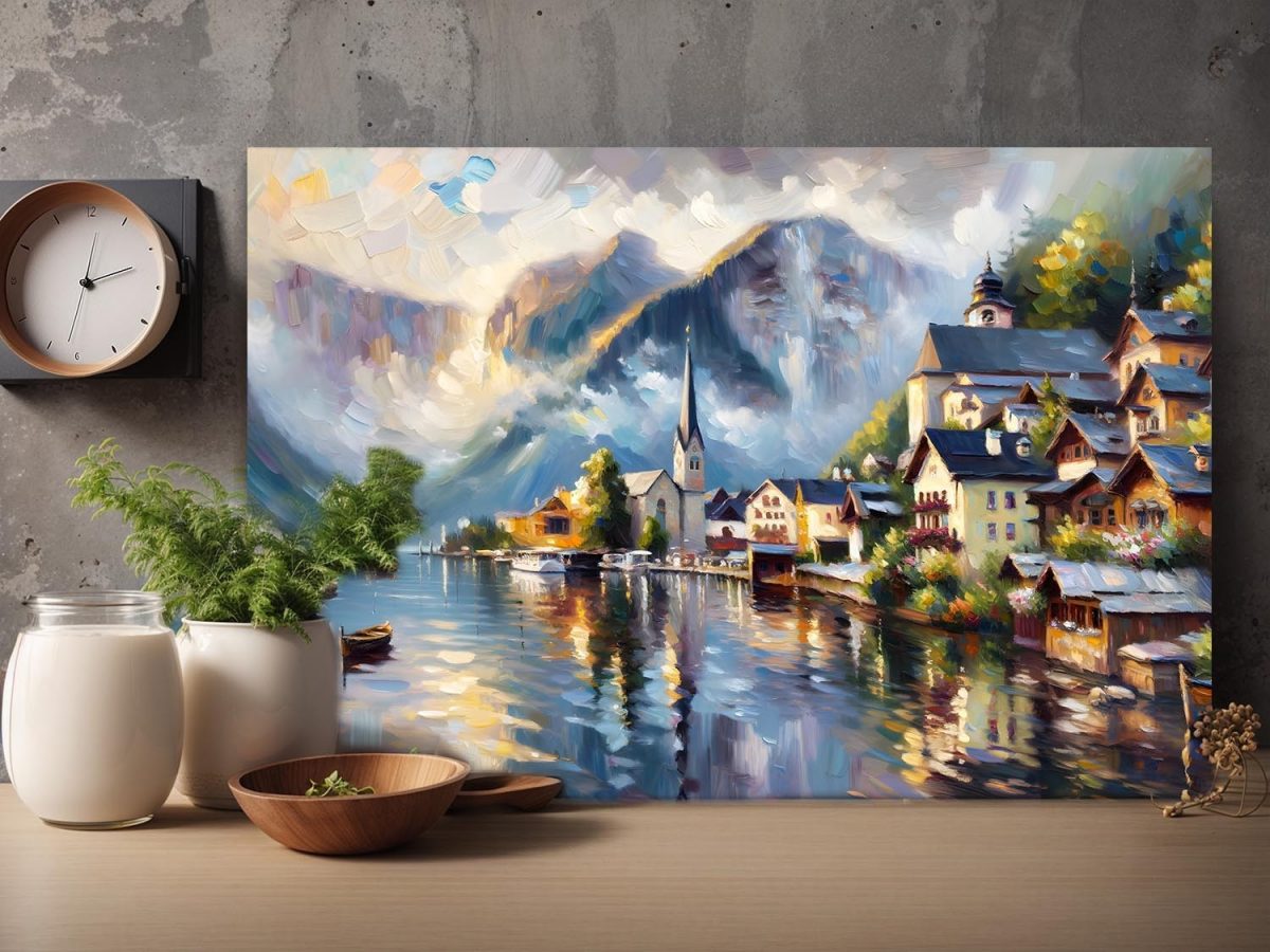 57-797.jpg Alpendorf am See mit Bergpanorama - Druck auf Leinwand