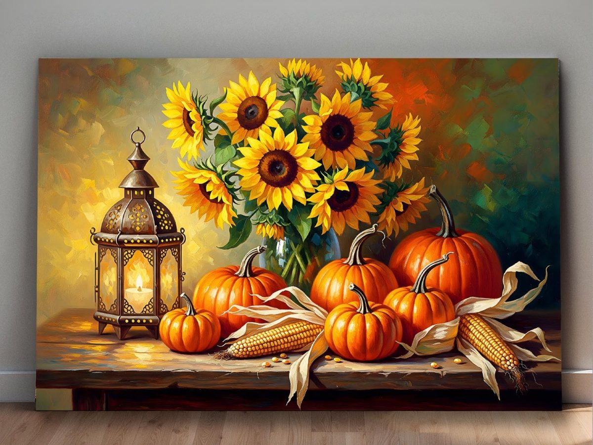 57-798.jpg Stillleben-Komposition mit Sonnenblumen und Kürbissen, Druck auf Leinwand