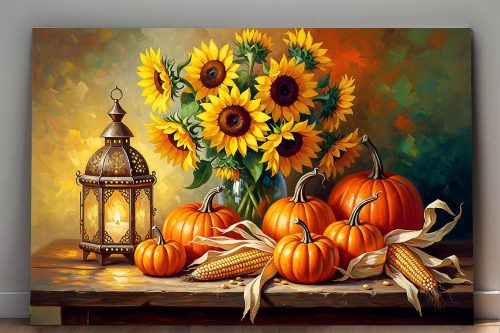 57-798.jpg Stillleben-Komposition mit Sonnenblumen und Kürbissen, Druck auf Leinwand