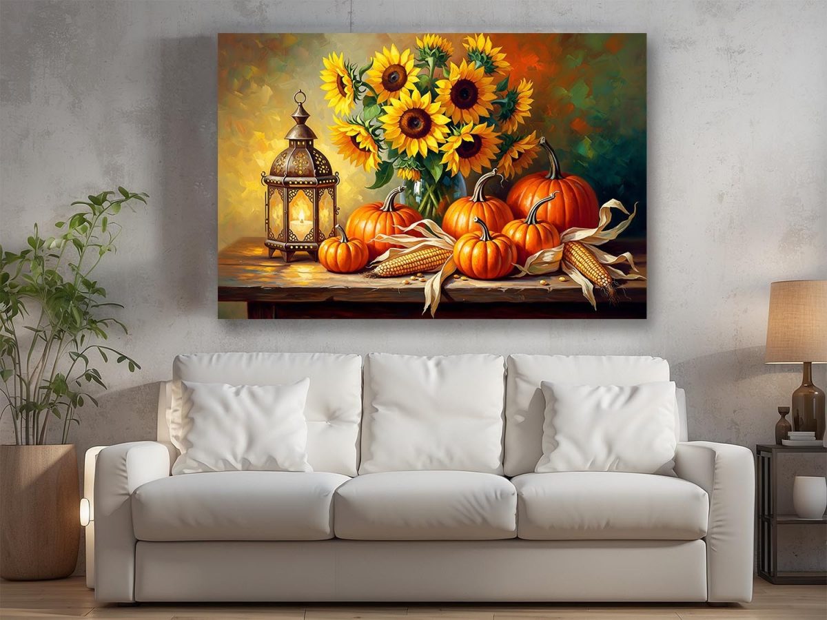 57-799.jpg Stillleben-Komposition mit Sonnenblumen und Kürbissen, Druck auf Leinwand