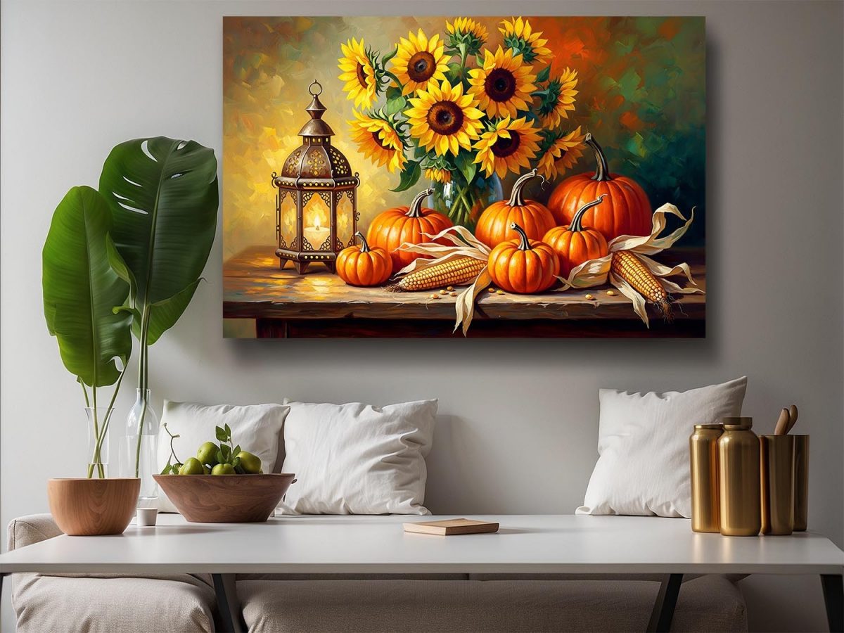 57-800.jpg Stillleben-Komposition mit Sonnenblumen und Kürbissen, Druck auf Leinwand