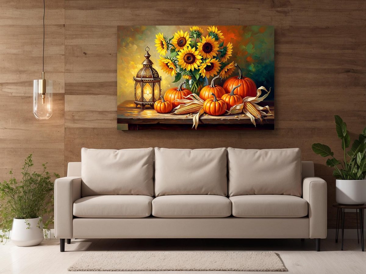 57-801.jpg Stillleben-Komposition mit Sonnenblumen und Kürbissen, Druck auf Leinwand