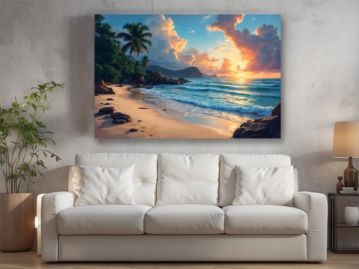 57-809.jpg Tropischer Sonnenuntergang am Palmenstrand, Druck auf Leinwand