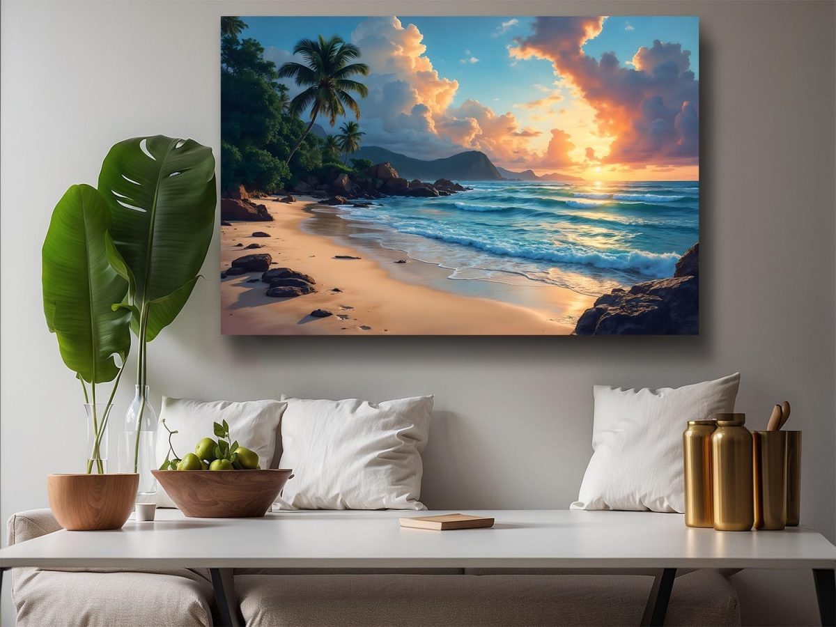 57-810.jpg Tropischer Sonnenuntergang am Palmenstrand, Druck auf Leinwand