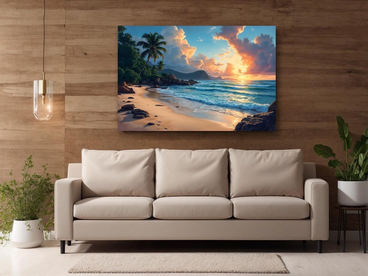 57-811.jpg Tropischer Sonnenuntergang am Palmenstrand, Druck auf Leinwand