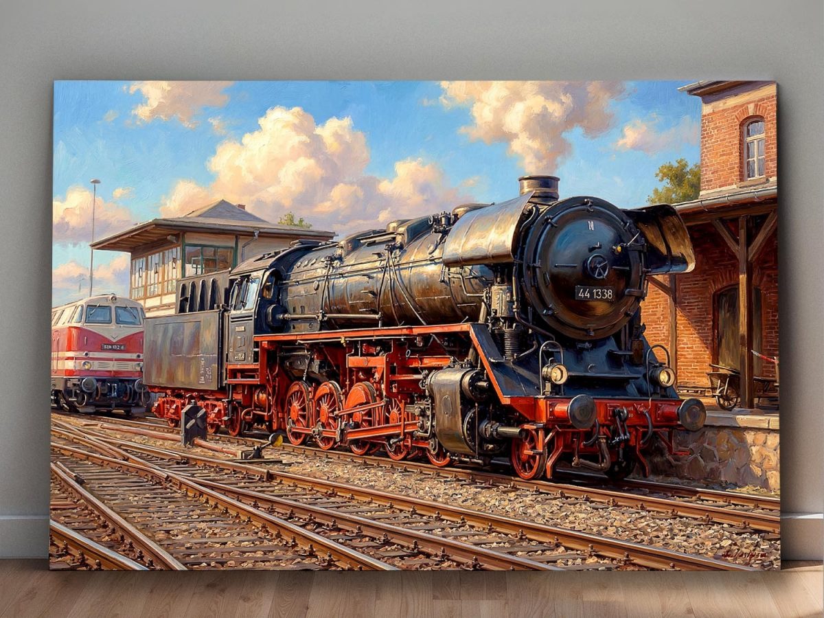 Dampflok 44 1338 im Bahnbetriebswerk , Druck auf Leinwand