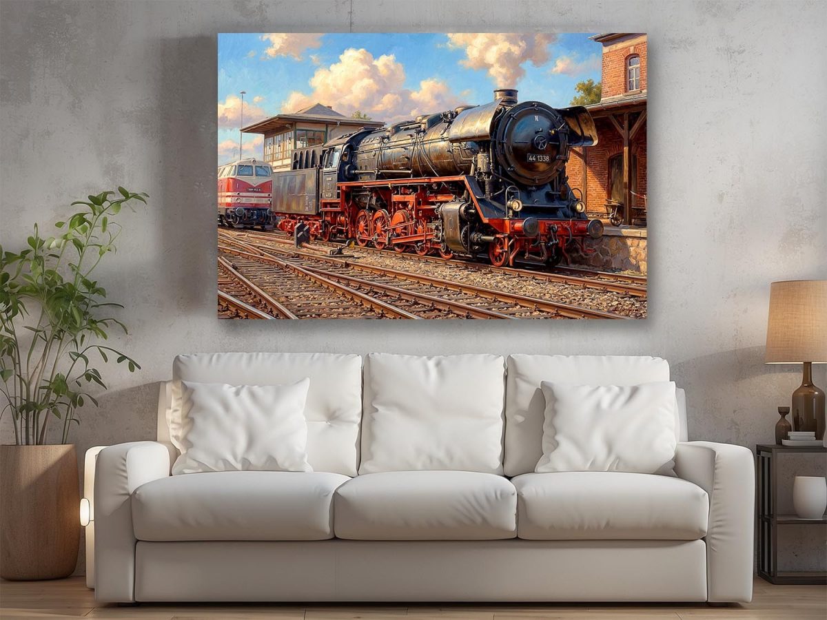 Dampflok 44 1338 im Bahnbetriebswerk , Druck auf Leinwand