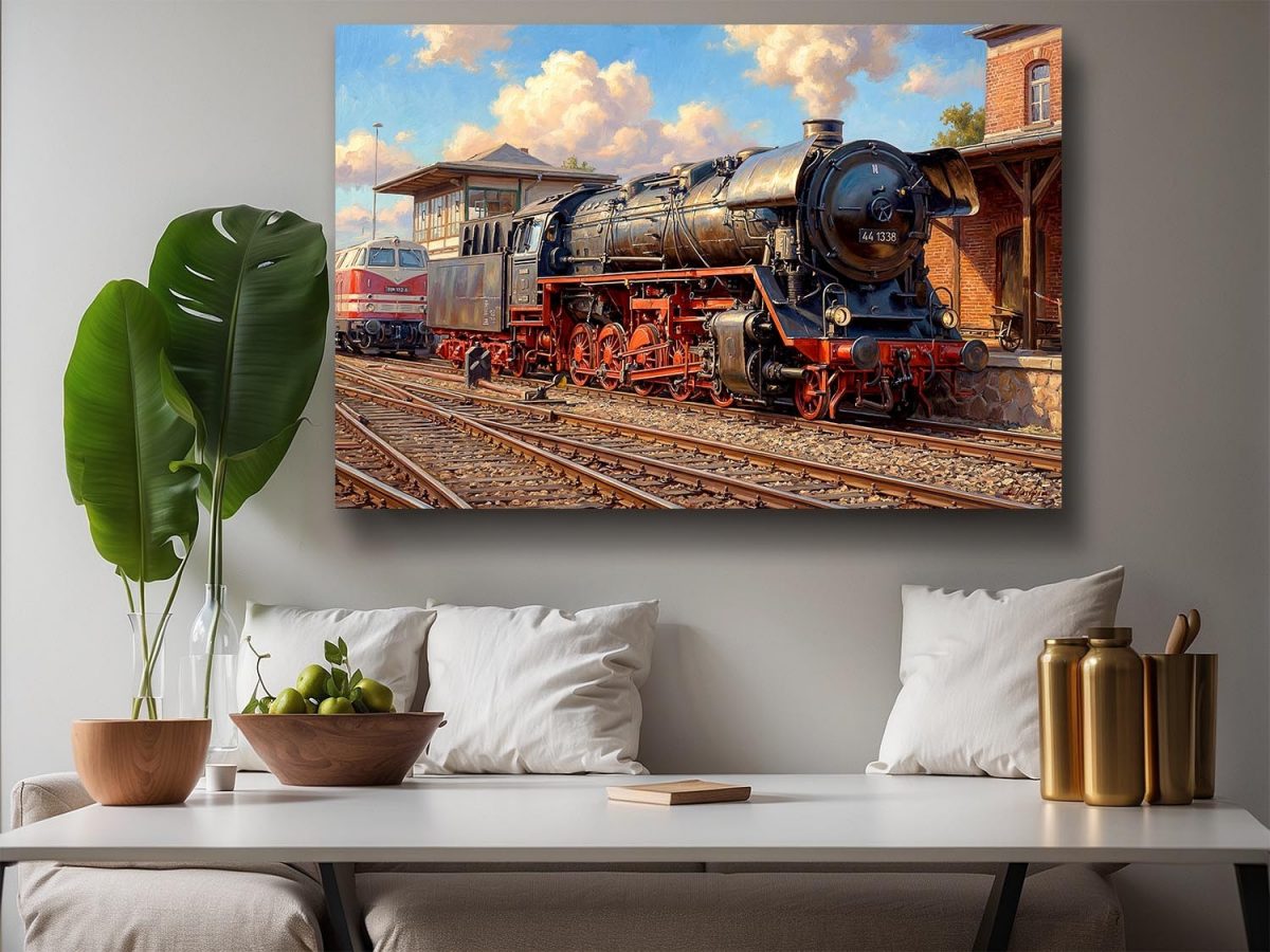 Dampflok 44 1338 im Bahnbetriebswerk , Druck auf Leinwand
