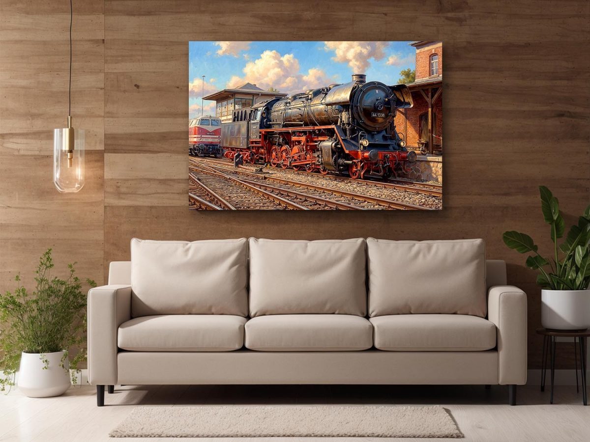 Dampflok 44 1338 im Bahnbetriebswerk , Druck auf Leinwand