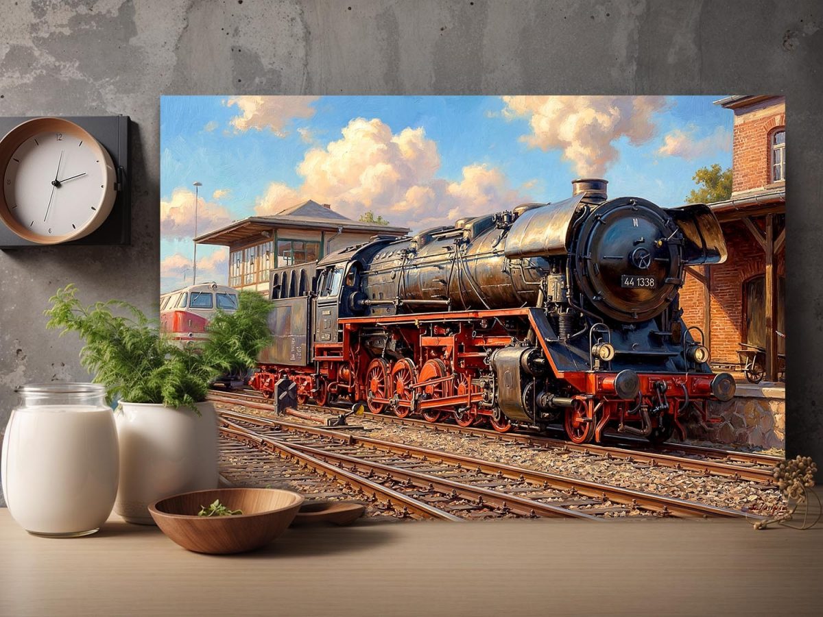 Dampflok 44 1338 im Bahnbetriebswerk , Druck auf Leinwand