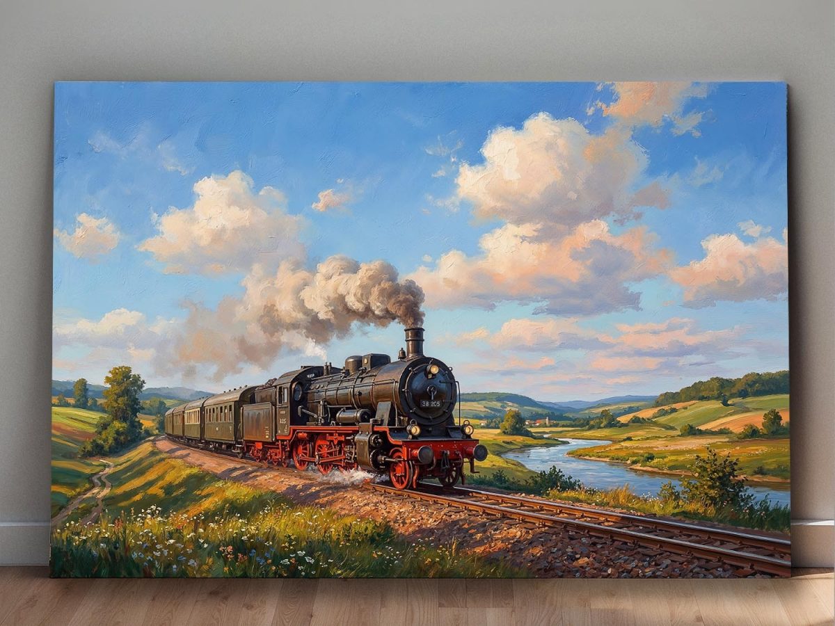 57-828.jpg Dampflok 38 205 in sommerlicher Landschaft , Druck auf Leinwand