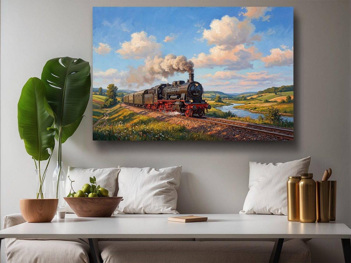 57-830.jpg Dampflok 38 205 in sommerlicher Landschaft , Druck auf Leinwand