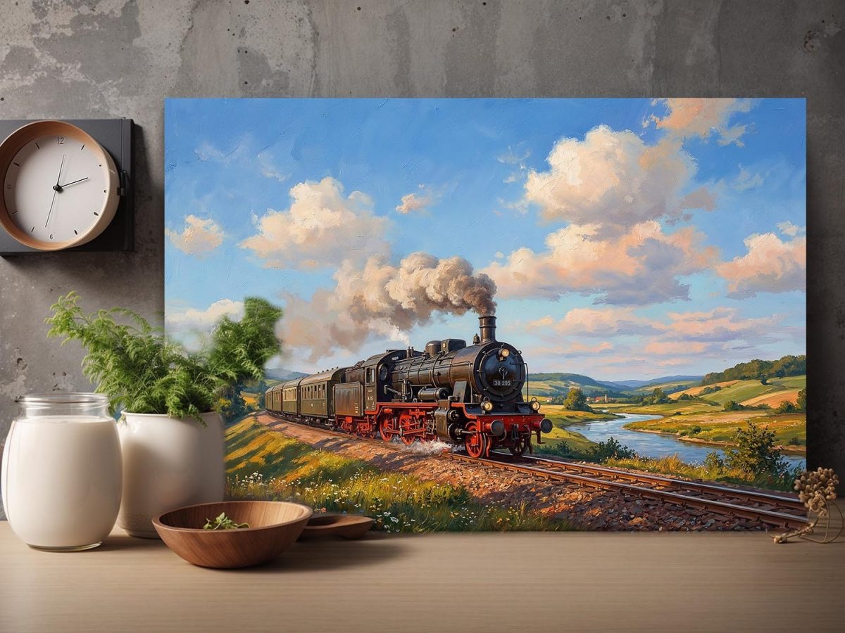 57-832.jpg Dampflok 38 205 in sommerlicher Landschaft , Druck auf Leinwand