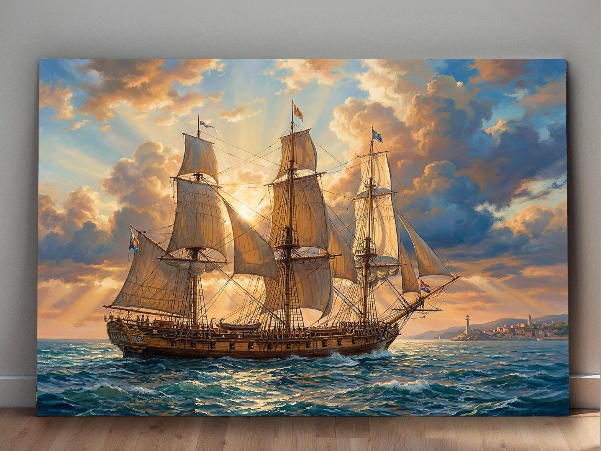 Segelschiff im Abendlicht , Druck auf Leinwand,