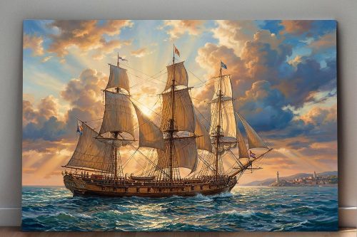 Segelschiff im Abendlicht , Druck auf Leinwand,