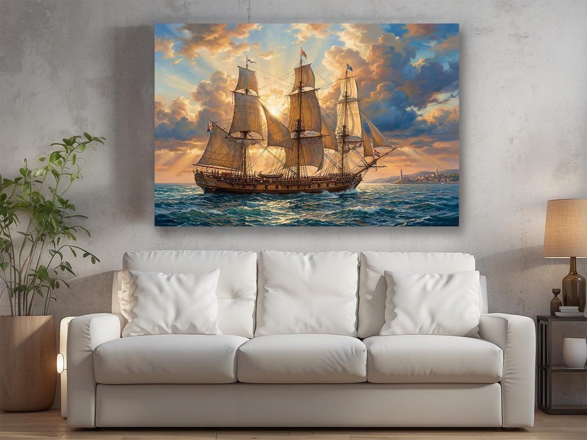 Segelschiff im Abendlicht , Druck auf Leinwand,
