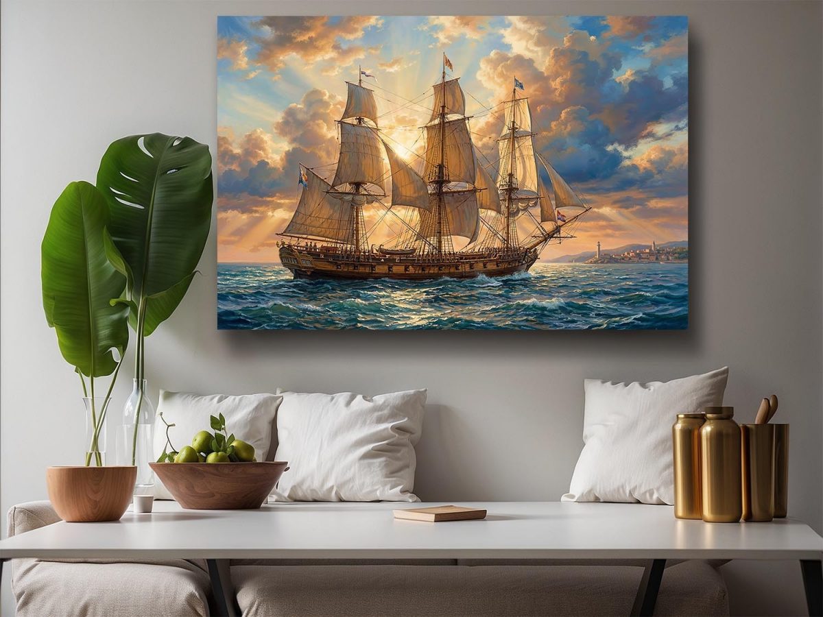 Segelschiff im Abendlicht , Druck auf Leinwand,