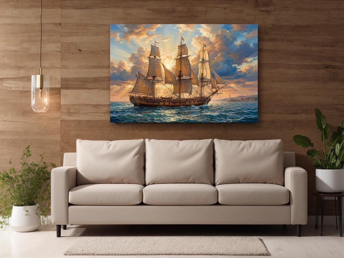 Segelschiff im Abendlicht , Druck auf Leinwand,