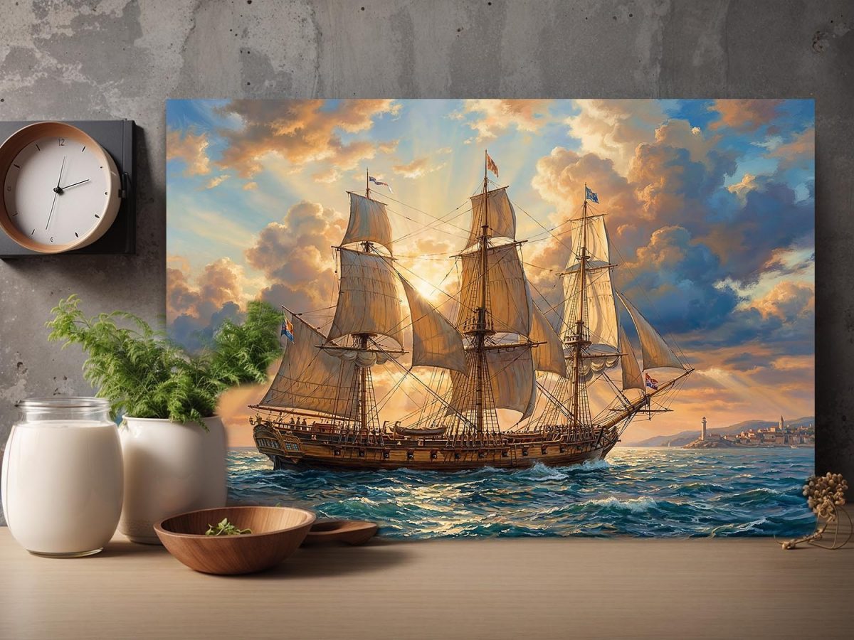 Segelschiff im Abendlicht , Druck auf Leinwand,