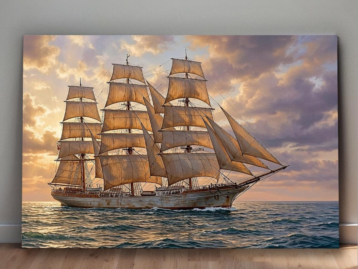 Dreimaster im sanften Abendlicht , Druck auf Leinwand, Segelschiff